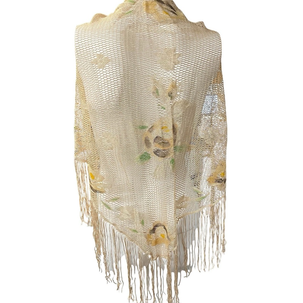 Vintage Boho Scarf Wrap Shawl Open Knit Floral Triangle Fringe Hippie Festival